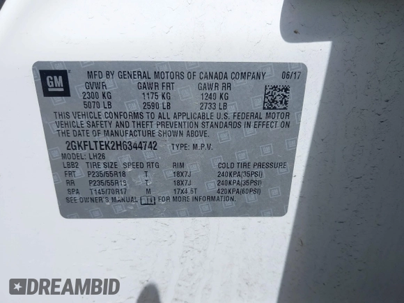 2017 GMC Terrain SLE with VIN 2GKFLTEK2H6344742, listed as a IAAI auction lot 41966058 with 112,298 mi miles. Bid and sale history available at carsss.com. Image 9.