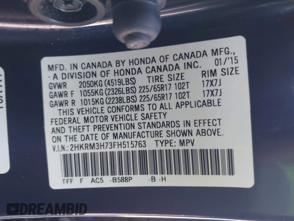 2015 Honda CR-V EX-L with VIN 2HKRM3H73FH515763, listed as a IAAI auction lot 41768518 with 117,872 mi miles. Bid and sale history available at carsss.com. Image 9.