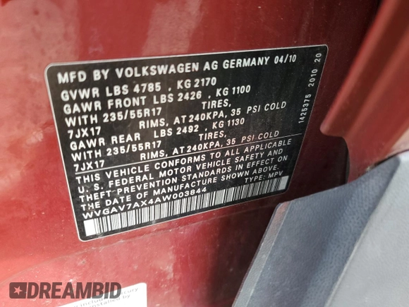 2010 Volkswagen Tiguan S with VIN WVGAV7AX4AW003844, listed as a Copart auction lot 57877965 with 120,783 mi miles and Clean title. Bid and sale history available at DreamBid. Image 13.
