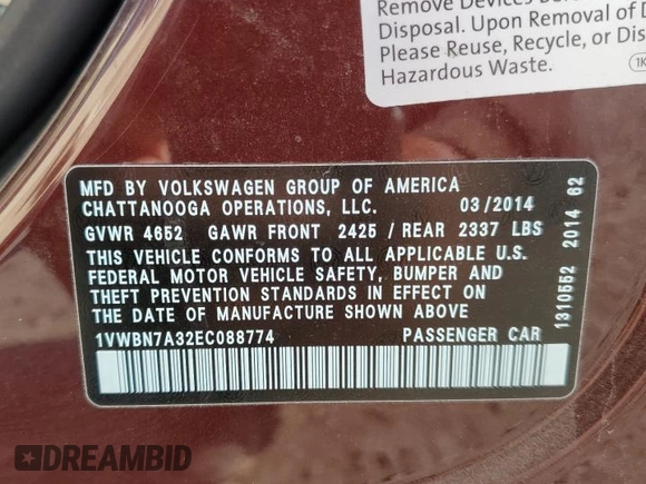 2014 Volkswagen Passat SE with VIN 1VWBN7A32EC088774, listed as a Copart auction lot 60753755 with 124,660 mi miles and Salvage title. Bid and sale history available at DreamBid. Image 12.