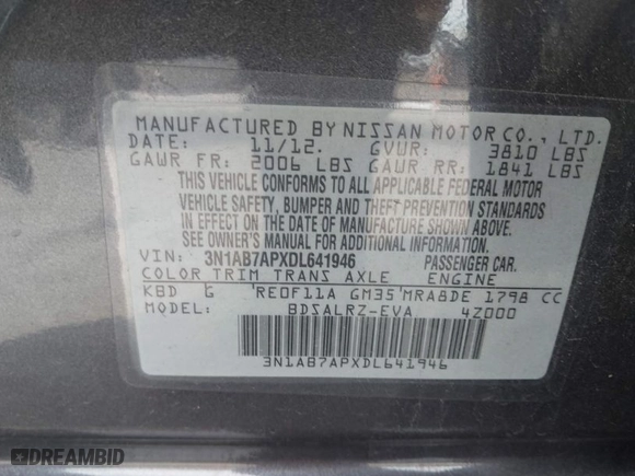 2013 Nissan Sentra SV with VIN 3N1AB7APXDL641946, listed as a IAAI auction lot 41924798 with 187,153 mi miles. Bid and sale history available at carsss.com. Image 9.