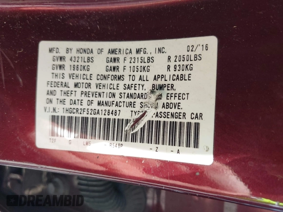 2016 Honda Accord Sport z VIN 1HGCR2F52GA128487, wystawiony jako IAAI lot #42465955 z przebiegiem Nie podano mil oraz . Historia ofert i sprzedaży dostępna na DreamBid. Obrazek 9.