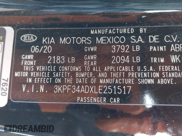 2020 Kia Forte GT-Line with VIN 3KPF34ADXLE251517, listed as a IAAI auction lot 41514355 with 80,588 mi miles. Bid and sale history available at carsss.com. Image 9.