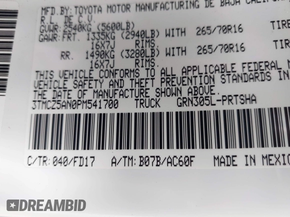 2023 Toyota Tacoma SR z VIN 3TMCZ5AN0PM541700, wystawiony jako IAAI lot #41819408 z przebiegiem 14 216 mil mil oraz . Historia ofert i sprzedaży dostępna na DreamBid. Obrazek 9.