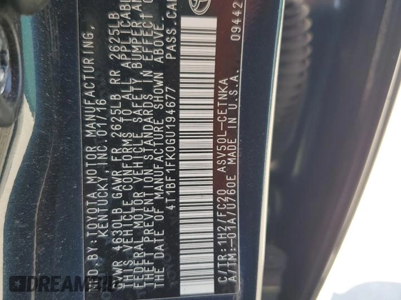 2016 Toyota Camry XLE with VIN 4T1BF1FK0GU194677, listed as a Copart auction lot 53197975 with 126,040 mi miles and Salvage Title. Bid and sale history available at carsss.com. Image 12.