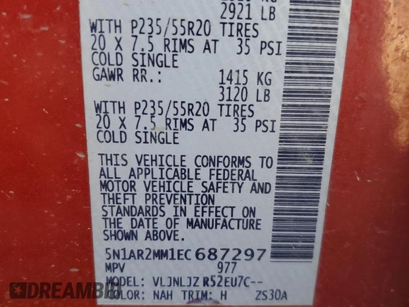 2014 Nissan Pathfinder S with VIN 5N1AR2MM1EC687297, listed as a Copart auction lot 57609195 with 212,280 mi miles and Clean title. Bid and sale history available at DreamBid. Image 13.
