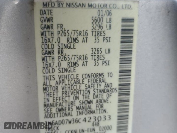 2006 Nissan Frontier SE with VIN 1N6AD07W36C423033, listed as a Copart auction lot 53135935 with 182,467 mi miles and Salvage title. Bid and sale history available at DreamBid. Image 12.