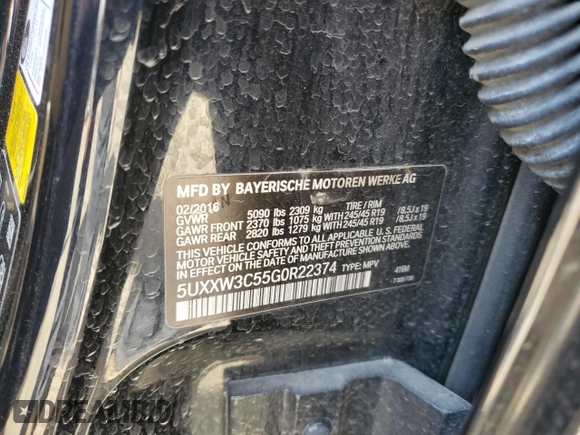 2016 BMW X4 xDrive28i with VIN 5UXXW3C55G0R22374, listed as a Copart auction lot 52823304 with 72,382 mi miles. Bid and sale history available at carsss.com. Image 14.