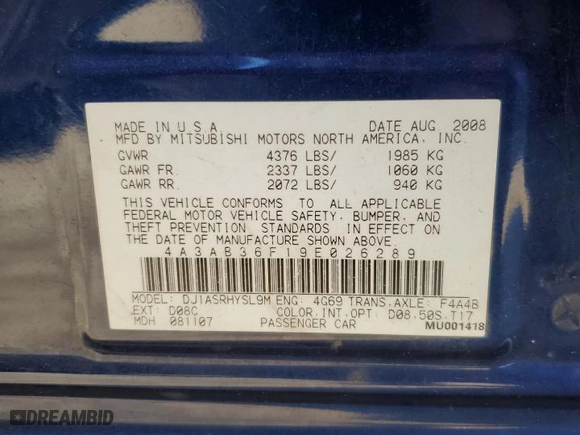 2009 Mitsubishi Galant ES with VIN 4A3AB36F19E026289, listed as a Copart auction lot 84390304 with 132,536 mi miles and Salvage Title. Bid and sale history available at carsss.com. Image 12.