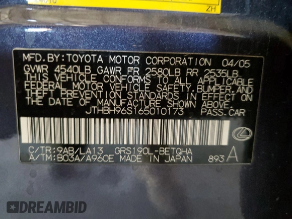 2006 Lexus GS 300 z VIN JTHBH96S165010173, wystawiony jako Copart lot #50795395 z przebiegiem 251 026 mil mil oraz Szkoda całkowita • Salvage title. Historia ofert i sprzedaży dostępna na DreamBid. Obrazek 12.