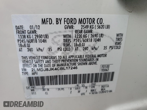 2012 Lincoln MKX with VIN 2LMDJ8JK4CBL17246, listed as a Copart auction lot 50425695 with 135,242 mi miles and Salvage Title. Bid and sale history available at DreamBid. Image 13.