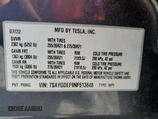 2022 Tesla Model Y Performance with VIN 7SAYGDEF9NF513648, listed as a Copart auction lot 55156475 with 29,280 mi miles and Non Repairable. Bid and sale history available at DreamBid. Image 12.