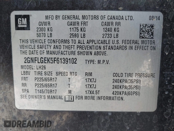 2015 Chevrolet Equinox LT with VIN 2GNFLGEK5F6139102, listed as a IAAI auction lot 41340753 with 129,845 mi miles. Bid and sale history available at carsss.com. Image 9.