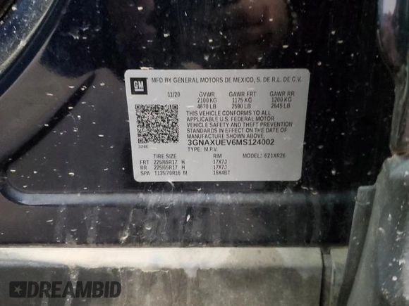2021 Chevrolet Equinox LT with VIN 3GNAXUEV6MS124002, listed as a Copart auction lot 56940435 with 107,259 mi miles and Salvage title. Bid and sale history available at DreamBid. Image 13.