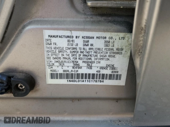 2001 Nissan Altima GXE with VIN 1N4DL01A11C178764, listed as a Copart auction lot 63074264 with 267,283 mi miles and Non Repairable. Bid and sale history available at carsss.com. Image 12.