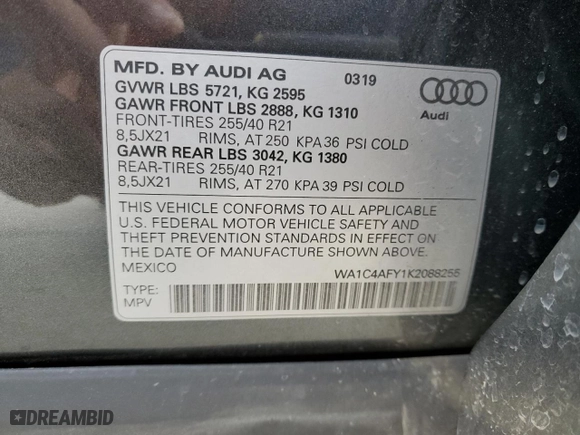 2019 Audi SQ5 Prestige with VIN WA1C4AFY1K2088255, listed as a Copart auction lot 80558084 with 42,035 mi miles and Salvage Title. Bid and sale history available at carsss.com. Image 13.