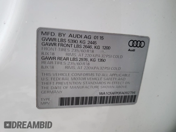 2015 Audi Q5 Premium with VIN WA1CFAFP0FA092794, listed as a Copart auction lot 41754875 with 165,804 mi miles and Salvage Title. Bid and sale history available at carsss.com. Image 13.