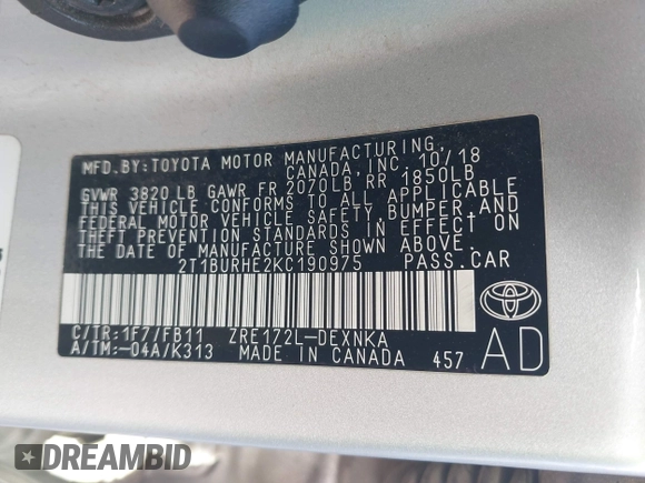 2019 Toyota Corolla L with VIN 2T1BURHE2KC190975, listed as a IAAI auction lot 41901370 with 94,925 mi miles. Bid and sale history available at carsss.com. Image 9.