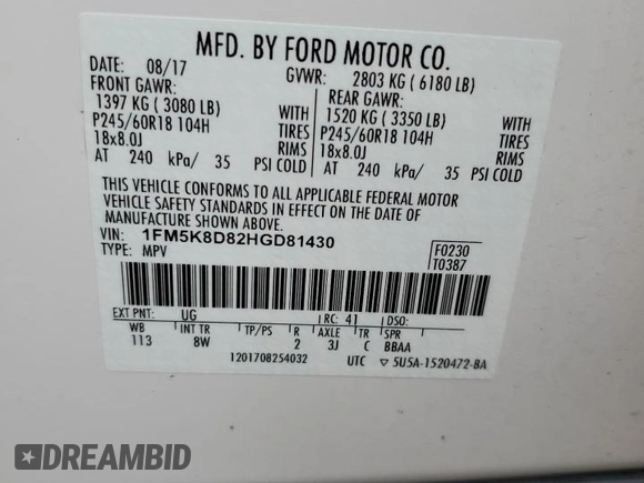 2017 Ford Explorer XLT with VIN 1FM5K8D82HGD81430, listed as a Copart auction lot 55413035 with 52,515 mi miles and Salvage title. Bid and sale history available at DreamBid. Image 14.