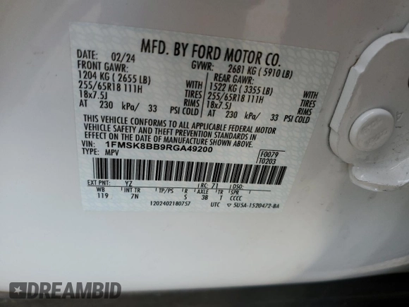 2024 Ford Explorer with VIN 1FMSK8BB9RGA49200, listed as a Copart auction lot 42966495 with 14,487 mi miles and Salvage Title. Bid and sale history available at carsss.com. Image 14.