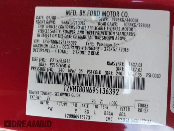 2009 Ford Mustang with VIN 1ZVHT80N695136392, listed as a IAAI auction lot 41509619 with 141,563 mi miles and . Bid and sale history available at carsss.com. Image 9.
