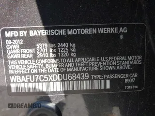 2013 BMW 5 Series 535i xDrive with VIN WBAFU7C5XDDU68439, listed as a IAAI auction lot 42376688 with 153,580 mi miles and . Bid and sale history available at DreamBid. Image 9.