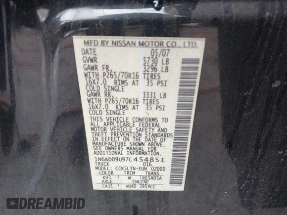 2007 Nissan Frontier SE z VIN 1N6AD09U97C454851, wystawiony jako IAAI lot #41566108 z przebiegiem 224 251 mil mil oraz . Historia ofert i sprzedaży dostępna na DreamBid. Obrazek 9.