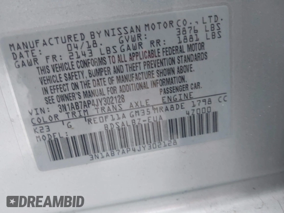 2018 Nissan Sentra S with VIN 3N1AB7AP4JY302128, listed as a IAAI auction lot 41437700 with 113,694 mi miles and . Bid and sale history available at DreamBid. Image 9.