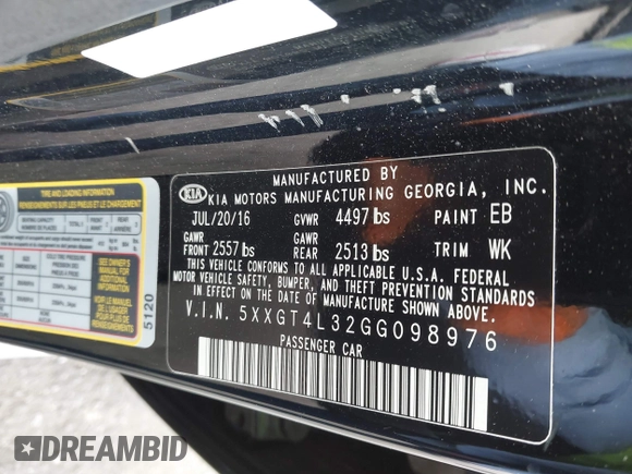 2016 Kia Optima LX with VIN 5XXGT4L32GG098976, listed as a IAAI auction lot 42569828 with 101,973 mi miles and . Bid and sale history available at DreamBid. Image 9.
