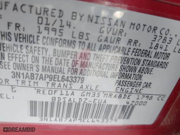 2014 Nissan Sentra SV with VIN 3N1AB7AP9EL643379, listed as a IAAI auction lot 42070423 with 147,949 mi miles. Bid and sale history available at carsss.com. Image 9.