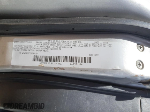 2006 Subaru Legacy Outback Limited with VIN 4S4BP62C067351291, listed as a Copart auction lot 53872395 with 64,306 mi miles and Non repairable. Bid and sale history available at DreamBid. Image 12.