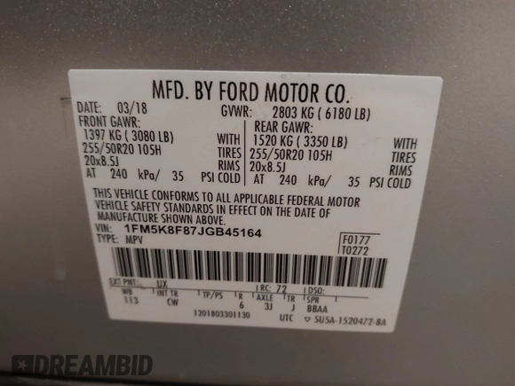 2018 Ford Explorer Limited with VIN 1FM5K8F87JGB45164, listed as a IAAI auction lot 41954674 with 104,636 mi miles and . Bid and sale history available at DreamBid. Image 9.