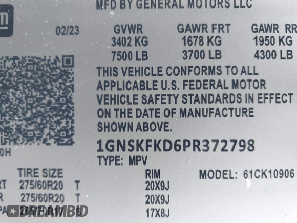 2023 Chevrolet Suburban Premier with VIN 1GNSKFKD6PR372798, listed as a IAAI auction lot 41845081 with 44,175 mi miles and . Bid and sale history available at DreamBid. Image 9.