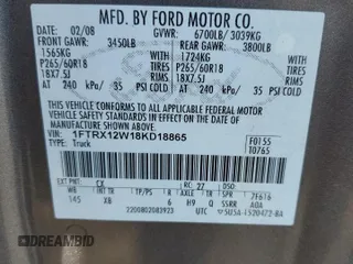 2008 Ford F-150 STX with VIN 1FTRX12W18KD18865, listed as a Copart auction lot 66065735 with 201,452 mi miles and Salvage title. Bid and sale history available at DreamBid. Image 12.