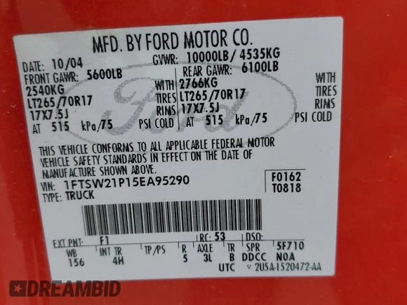 2005 Ford Super Duty F-250 XL with VIN 1FTSW21P15EA95290, listed as a Copart auction lot 61757644 with 0 mi miles and Salvage Title. Bid and sale history available at carsss.com. Image 12.