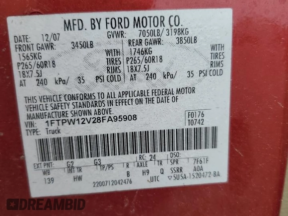 2008 Ford F-150 XLT with VIN 1FTPW12V28FA95908, listed as a Copart auction lot 43431695 with 31,980 mi miles and Salvage Title. Bid and sale history available at carsss.com. Image 12.