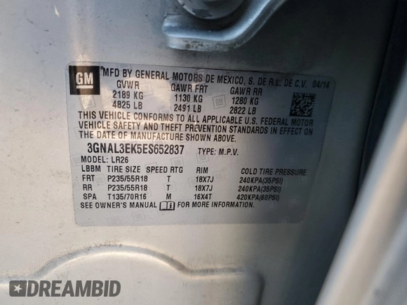 2014 Chevrolet Captiva Sport LT with VIN 3GNAL3EK5ES652837, listed as a Copart auction lot 76476324 with 142,678 mi miles and Clean Title. Bid and sale history available at DreamBid. Image 13.