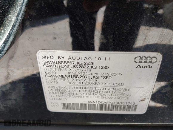 2012 Audi Q5 3.2L Premium Plus with VIN WA1DKAFP4CA051743, listed as a IAAI auction lot 42076840 with 93,431 mi miles. Bid and sale history available at carsss.com. Image 9.