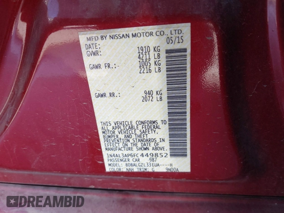2015 Nissan Altima SV z VIN 1N4AL3AP6FC449852, wystawiony jako IAAI lot #41557705 z przebiegiem 119 929 mil mil oraz . Historia ofert i sprzedaży dostępna na DreamBid. Obrazek 9.