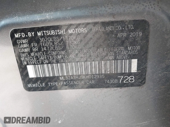 2019 Mitsubishi Mirage ES z VIN ML32A3HJ9KH012935, wystawiony jako IAAI lot #41527398 z przebiegiem 82 413 mil mil oraz . Historia ofert i sprzedaży dostępna na DreamBid. Obrazek 9.