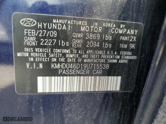 2009 Hyundai Elantra GLS PZEV with VIN KMHDU46D19U715538, listed as a Copart auction lot 47140375 with 79,816 mi miles and Clean Title. Bid and sale history available at carsss.com. Image 12.