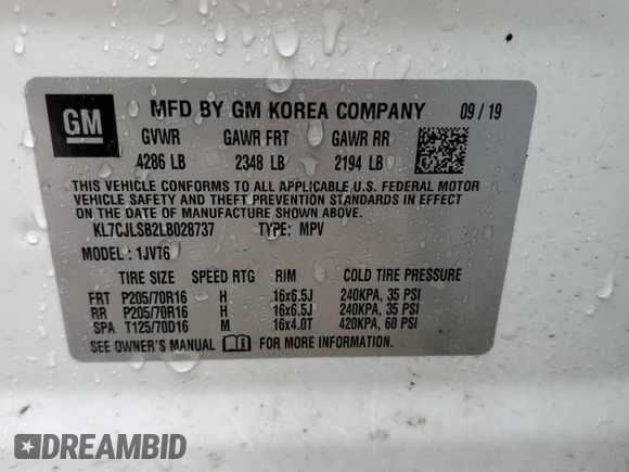 2020 Chevrolet Trax LT with VIN KL7CJLSB2LB028737, listed as a Copart auction lot 49908425 with Not provided miles and Non repairable. Bid and sale history available at DreamBid. Image 13.