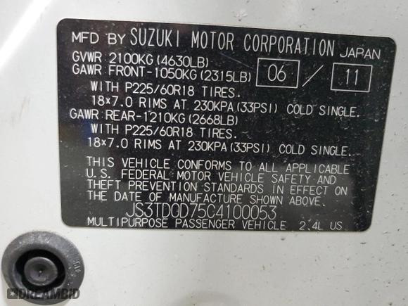 2012 Suzuki Grand Vitara Limited with VIN JS3TD0D75C4100053, listed as a Copart auction lot 41667685 with 107,843 mi miles and Salvage Title. Bid and sale history available at carsss.com. Image 13.
