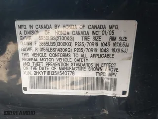 2005 Honda Pilot LX with VIN 2HKYF18135H540778, listed as a IAAI auction lot 41790068 with 203,191 mi miles. Bid and sale history available at carsss.com. Image 9.