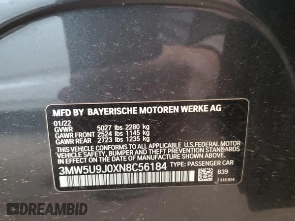 2022 BMW 3 Series M340i xDrive with VIN 3MW5U9J0XN8C56184, listed as a Copart auction lot 85974534 with 35,687 mi miles and Salvage Title. Bid and sale history available at carsss.com. Image 12.