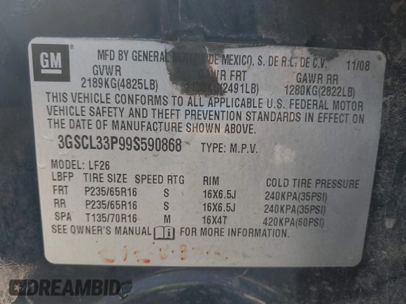 2009 Saturn VUE XE z VIN 3GSCL33P99S590868, wystawiony jako IAAI lot #41793376 z przebiegiem Nie podano mil oraz . Historia ofert i sprzedaży dostępna na DreamBid. Obrazek 9.