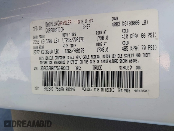 2007 Dodge 2500 SLT с VIN 3D7KS28A57G840363, выставлен на аукционе IAAI как лот 42449605 с пробегом 206 517 миль миль и . История ставок и продаж доступна на DreamBid. Изображение 9.
