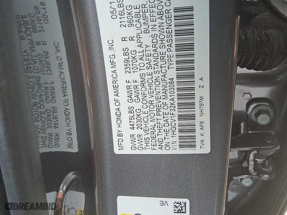 2019 Honda Accord Sedan Sport 1.5T with VIN 1HGCV1F32KA103084, listed as a Copart auction lot 51318155 with 98,095 mi miles and Clean Title. Bid and sale history available at carsss.com. Image 12.