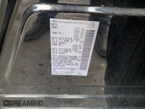 2017 Nissan Pathfinder SL with VIN 5N1DR2MM2HC668677, listed as a Copart auction lot 54633705 with 111,498 mi miles and Clean Title. Bid and sale history available at DreamBid. Image 13.