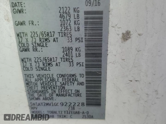 2016 Nissan Rogue SV z VIN 5N1AT2MV1GC922228, wystawiony jako Copart lot #55055355 z przebiegiem 167 489 mil mil oraz Szkoda całkowita • Salvage title. Historia ofert i sprzedaży dostępna na DreamBid. Obrazek 12.